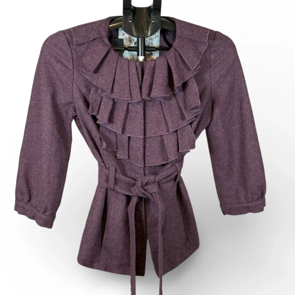 Tabitha Anthropologie Purple Wool Blend Ruffle Belted Jacket Size 2 Snap Front